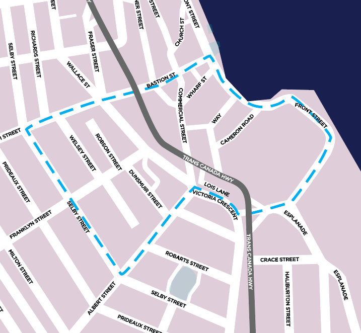 artwalk service area A map of the Artwalk Service area, outlining areas in Downtown Nanaimo and the Old City Quarter.